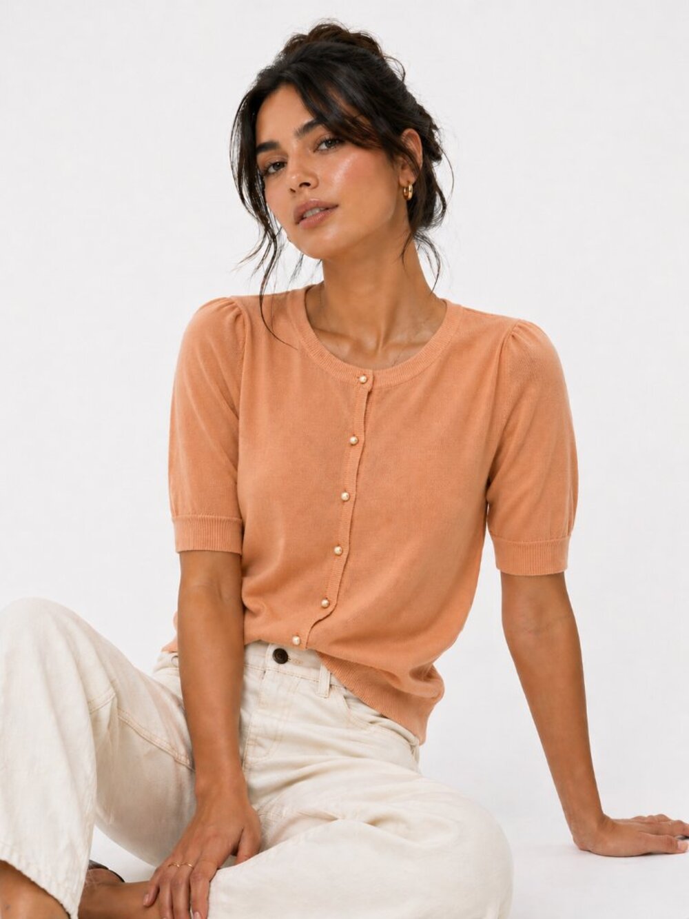 ADRIENNE VITTADINI 100% Cashmere Short Sleeve Peach Cardigan Sweater XL - Picture 1 of 11